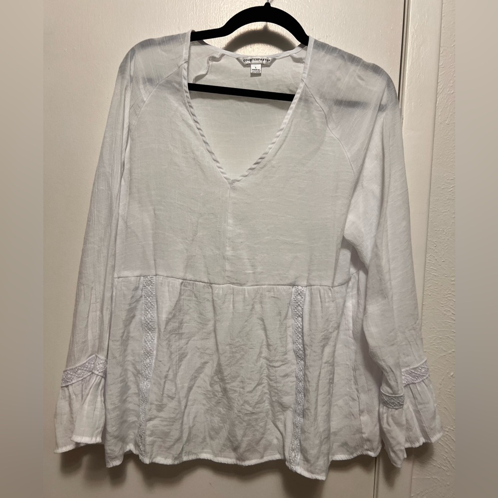 Counterparts White V-Neck Peasant Boho Top Blouse Size Large